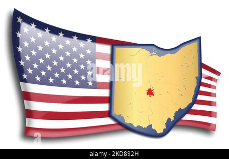U.S. states - map of Ohio against an American flag. Rivers and lakes are shown on the map. American Flag and State Map can be used separately and easi Stock Vector