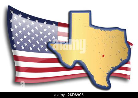 U.S. states - map of Texas against an American flag. Rivers and lakes are shown on the map. American Flag and State Map can be used separately and eas Stock Vector