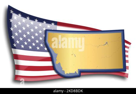 U.S. states - map of Montana against an American flag. Rivers and lakes are shown on the map. American Flag and State Map can be used separately and e Stock Vector