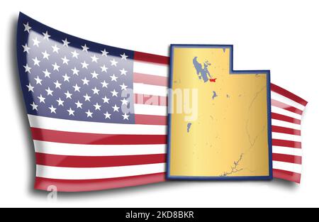 U.S. states - map of Utah against an American flag. Rivers and lakes are shown on the map. American Flag and State Map can be used separately and easi Stock Vector