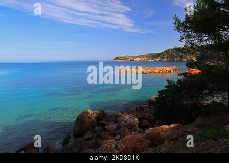 Tranquil view of S'illot des rencli near San Juan, Ibiza, Balearic Islands, Spain. Stock Photo