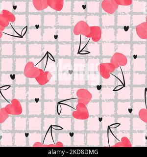 Seamless abstract heart shaped cherry pattern, Vector illustration, Stock Vector
