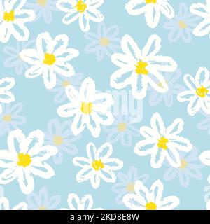 Seamless daisy pattern. Vector floral background with white chamomiles on blue Stock Vector