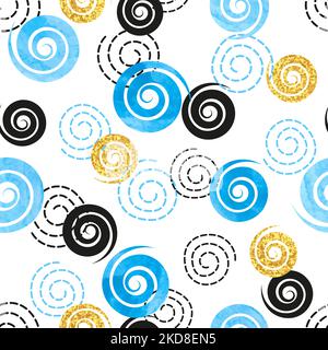 Seamless abstract pattern with blue, black and golden spirals. Stock Vector