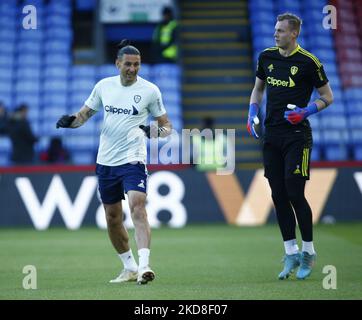 : L-R Assistant Goalkeeper Coach Alessandro Barcherini and Kristoffer Klaesson of Leeds United during Premier League between Crystal Palace and Leeds United at Selhurst Park Stadium, London on 25th April, 2022 (Photo by Action Foto Sport/NurPhoto) Stock Photo