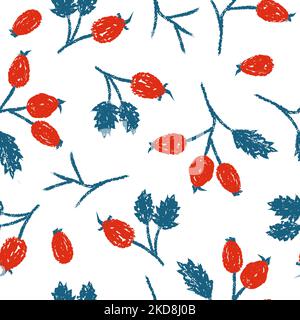 Seamless autumn floral pattern with wild rose hip red berries. Vector hand drawn illustration Stock Vector