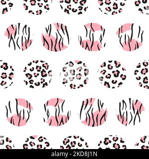 Seamless dotted pattern with pink circles and animal print. Vector abstract background. Stock Vector