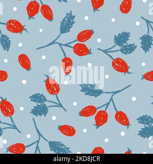 Seamless pattern with wild rose hip red berries. Vector hand drawn illustration Stock Vector
