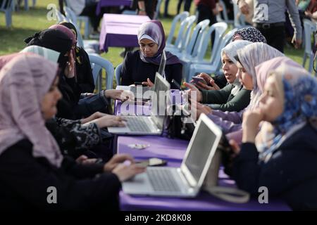 Palestinians take part a digital campaign to mark al-Quds (Jerusalem) international day, at the Palestine football stadium in Gaza city on April 27, 2022, - While Israelis celebrate their 1967 capture of the eastern part of the holy city, Palestinians commemorate the day with events marking the Palestinian and Muslim connection to the holy city. (Photo by Majdi Fathi/NurPhoto) Stock Photo