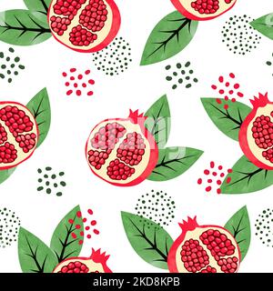 Seamless pomegranate pattern. Vector watercolor illustration with pomegranate fruits and leaves. Stock Vector