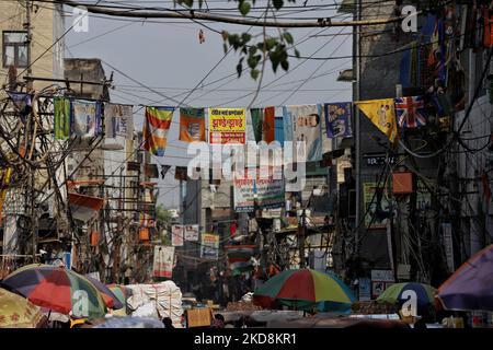 Flags on Different political parties like Bharatiya Janata Party BJP, AAP Aam Aadmi Party, BSP Bahujan Samaj Party, Congress are installed outside a flag making unit in Old Delhi, India on 28 April 2022. (Photo by Nasir Kachroo/NurPhoto) Stock Photo