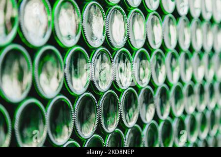 Glass bottles green. Green glass bottles of beer. Wall formed by green bottles. Green bottles background. Empty Glass Bottle with Lighting Stock Photo