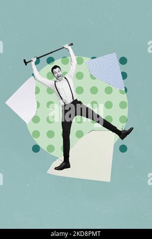 Vertical collage portrait of excited positive guy black white effect jumping hands hold stick isolated on drawing background Stock Photo