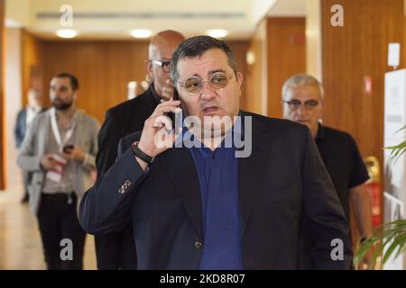 (EDITOR'S NOTE: FILE IMAGE) Soccer agent Mino Raiola has died at the age of 54 in an Italian hospital after battling illness, his family said in a statement on Saturday. -In this file image, Mino Raiola attorney Event International Award Football Leader 2018, location Hotel Royal Continetal in Naples, May 28,2018 (Photo by Paolo Manzo/NurPhoto) Stock Photo