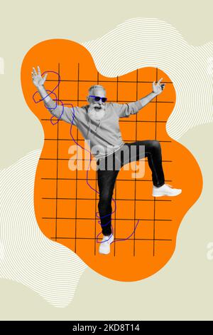Vertical collage picture of excited cheerful person black white effect enjoy dancing isolated on drawing background Stock Photo