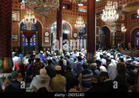 Kashmiri people pray in a shrine on Eid ul Fitr in Srinagar, Indian Administered Kashmir on 03 May 2022. Government Authorities barred congregational prayers in Kashmir's grand mosque Jamia Masjid and Eid Gah in Srinagar. (Photo by Muzamil Mattoo/NurPhoto) Stock Photo