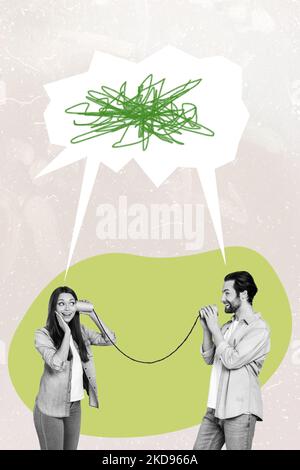 Vertical collage picture of two cheerful people black white effect hold connected cups talk listen isolated on drawing background Stock Photo