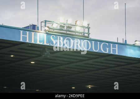 SHEFFIELD, UK. MAY 9TH A general view of the Hillsborugh sign during the Sky Bet League 1Play Off Semi-Final 2nd Leg between Sheffield Wednesday and Sunderland at Hillsborough, Sheffield on Monday 9th May 2022. (Photo by Mark Fletcher/MI News/NurPhoto) Stock Photo