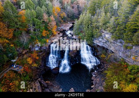 An aerial view of Blackwater Falls in a forest, Davis, West Virginia, United States Stock Photo