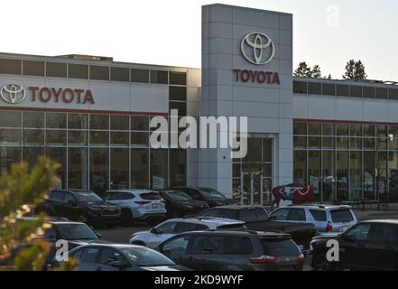 Toyota logo seen outside a Toyota dealership in South Edmonton. On Thursday, May 12, 2022, in Edmonton, Alberta, Canada. (Photo by Artur Widak/NurPhoto) Stock Photo