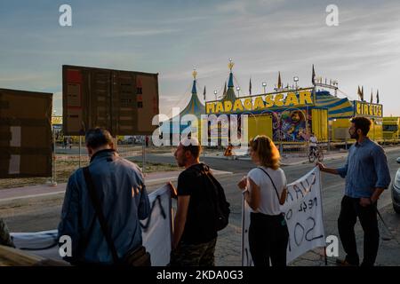 Volunteers show signs during the protest against the exploitation of animals in the Orfei circus of Molfetta on May 14, 2022. Sit-in protest against the exploitation of animals in entertainment shows, near the settlement area of ??the Orfei circus, currently present in the city of Molfetta. The garrison involved a group of citizens of Molfetta, led by the volunteers of the animal rights association 'Lo Stregatto - Molfetta'(Photo by Davide Pischettola/NurPhoto) Stock Photo