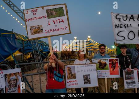 Volunteers show signs during the protest against the exploitation of animals in the Orfei circus of Molfetta on May 14, 2022. Sit-in protest against the exploitation of animals in entertainment shows, near the settlement area of ??the Orfei circus, currently present in the city of Molfetta. The garrison involved a group of citizens of Molfetta, led by the volunteers of the animal rights association 'Lo Stregatto - Molfetta'(Photo by Davide Pischettola/NurPhoto) Stock Photo