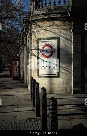 The Temple tube station exterior wall in London, United Kingdom Stock Photo