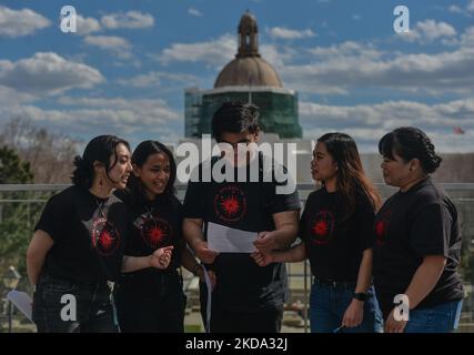 Members of Anakbayan Alberta, a National Democratic organization that organizes filipino youth in the diaspora in the province of Alberta. Members of the local Filipino youth diaspora (Anakbayan Alberta) protest outside the Alberta Legislature in Edmonton, calling out the Commission on Elections (COMELEC) in Philippines for their negligence and failure to uphold honest and fair elections last May 9, 2022. The organisers of the protest said: 'We condemn another political dynasty with the Marcos-Duterte tandem that continues the fascist regime among the Filipinos'. On Sunday, May 15, 2022, in Ed Stock Photo