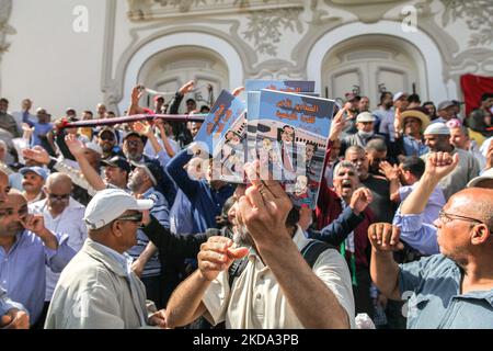Tunis, Tunisia, May 8, 2022. Tunisian demonstrators chant slogans and