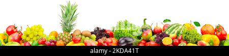 Seamless pattern from fresh fruits and vegetables with big pineapple isolated on white background. Stock Photo