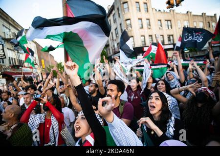 Over a thousand demonstrators took to the streets of Bay Ridge, Brooklyn on May 15, 2022 to recognize Nakba Day and honor the life of Palestinian-American journalist Shireen Abu Akleh. (Photo by Karla Ann Cote/NurPhoto) Stock Photo