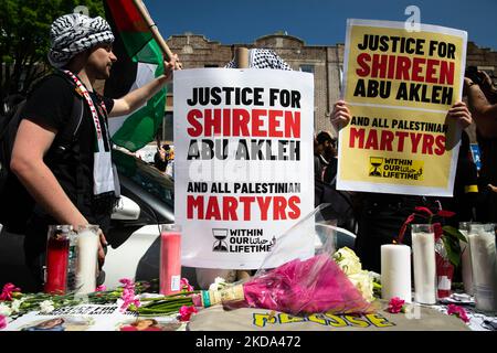 Over a thousand demonstrators took to the streets of Bay Ridge, Brooklyn on May 15, 2022 to recognize Nakba Day and honor the life of Palestinian-American journalist Shireen Abu Akleh. (Photo by Karla Ann Cote/NurPhoto) Stock Photo