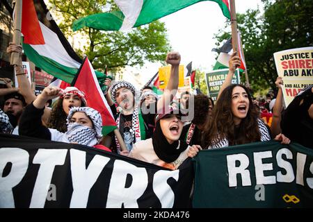 Over a thousand demonstrators took to the streets of Bay Ridge, Brooklyn on May 15, 2022 to recognize Nakba Day and honor the life of Palestinian-American journalist Shireen Abu Akleh. (Photo by Karla Ann Cote/NurPhoto) Stock Photo