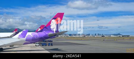 Honolulu airport is the home base of Hawaiian Airlines, Oahu HI Stock Photo