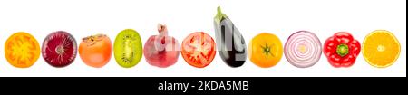 Sliced fruits and vegetables in row isolated on white background. Stock Photo