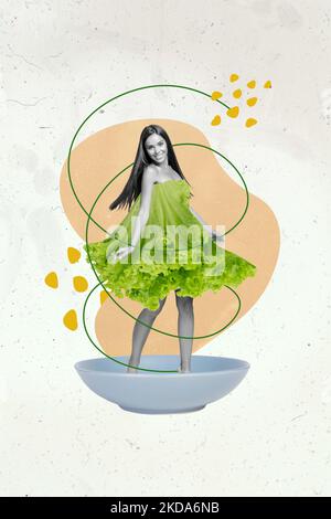 Banner collage image of lovely fit girl have healthy lifestyle eating habits stand bowl in lettuce leaf skirt wear Stock Photo