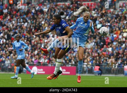 LONDON, ENGLAND - MAY 15:L-R Manchester City Fansand Alex Greenwood of Manchester City WFC during Women's FA Cup Final between Chelsea Women and Manchester City Women at Wembley Stadium , London, UK 15th May , 2022 (Photo by Action Foto Sport/NurPhoto) Stock Photo