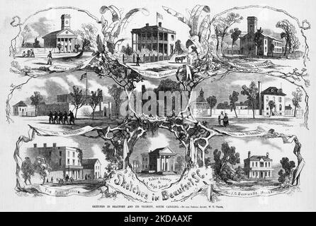 Sketches in Beaufort and its vicinity, South Carolina - Baptist Church - General Stephen's Headquarters - Episcopal Church - The Arsenal - Ancient Tomb - Jail and Market - The Post Office - Public Library and High School - Hon. J. G. Barnwells House. November 1862. 19th century American Civil War illustration from Frank Leslie's Illustrated Newspaper Stock Photo
