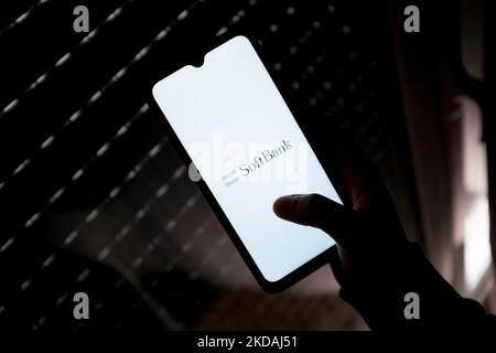 In this photo illustration a SoftBank logo seen displayed on a smartphone screen in Athens, Greece on May 21, 2022. (Photo by Nikolas Kokovlis/NurPhoto) Stock Photo