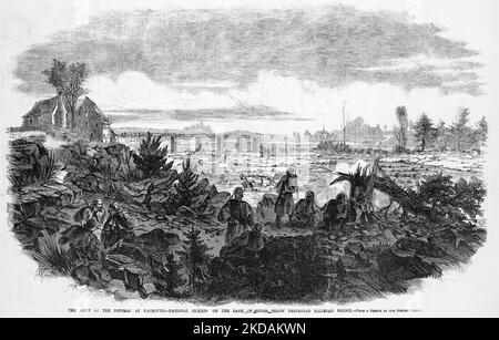 The Army of the Potomac at Falmouth, Virginia - National pickets on the bank of river below destroyed railroad bridge. December 1862. 19th century American Civil War illustration from Frank Leslie's Illustrated Newspaper Stock Photo