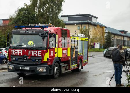 Harmondsworth, UK. 5th November, 2022. A London Fire Brigade vehicle leaves Heathrow Immigration Removal Centre after attending to a disturbance which followed a substantial power outage. According to reports, a group of detainees left their rooms in the early hours of the morning and entered a courtyard armed with weaponry. No one was hurt during the disturbance at the detention centre which is managed by Mitie. Police, including riot police, fire and prison services attended. Some detainees have been relocated. Credit: Mark Kerrison/Alamy Live News Stock Photo