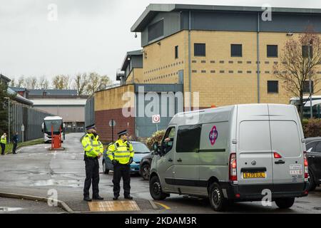 Harmondsworth, UK. 5th November, 2022. Metropolitan Police officers stand outside Heathrow Immigration Removal Centre during a disturbance which followed a substantial power outage. According to reports, a group of detainees left their rooms in the early hours of the morning and entered a courtyard armed with weaponry. No one was hurt during the disturbance at the detention centre which is managed by Mitie. Police, including riot police, fire and prison services attended. Some detainees have been relocated. Credit: Mark Kerrison/Alamy Live News Stock Photo