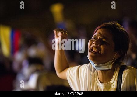 A supporter reacts during the closing campaign rally of left-wing presidential candidate for the political alliance 'Pacto Historico' Gustavo Petro, in Bogota, Colombia on May 22, 2022. (Photo by Sebastian Barros/NurPhoto) Stock Photo