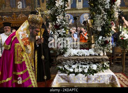 Relics of the Holy Brothers Cyril and Methodius (creators of Slavic alphabet) are brought to Sofia from Esphigmenou Monastery in Mount Athos in Greece for national veneration. The holy relics are placed in the St. Nedelya church in Sofia, Bulgaria on 23 May, 2022 (Photo by Georgi Paleykov/NurPhoto) Stock Photo