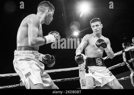 Shohjahon Ergashev (Detroit, MI by way of Uzbekistan) advanced his record to 22-0, retaining his #4 IBF, #13 WBA, #11 WBO, and #7 The Ring rankings by defeating Luis Alberto Veron (19-4-2, 9 KOs) of Argentina by unanimous decision in an 8 round bout on 26 May 2022 at Salita Promotions’ Detroit Brawl professional boxing event in Dearborn, Michigan. (Photo by Adam J. Dewey/NurPhoto) Stock Photo