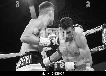 Shohjahon Ergashev (Detroit, MI by way of Uzbekistan) advanced his record to 22-0, retaining his #4 IBF, #13 WBA, #11 WBO, and #7 The Ring rankings by defeating Luis Alberto Veron (19-4-2, 9 KOs) of Argentina by unanimous decision in an 8 round bout on 26 May 2022 at Salita Promotions’ Detroit Brawl professional boxing event in Dearborn, Michigan. (Photo by Adam J. Dewey/NurPhoto) Stock Photo