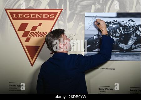 Max Biagi signed the wall of wall of legends during the MotoGP World Championship Max Biagi receives the honor of MotoGP Legend on May 27, 2022 at the Mugello International Circuit in Mugello, Italy (Photo by Alessio Marini/LiveMedia/NurPhoto) Stock Photo