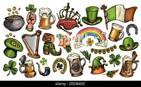 Patricks day concept symbols or badge. Irish holiday icon set. Collection illustrations isolated on white background Stock Photo