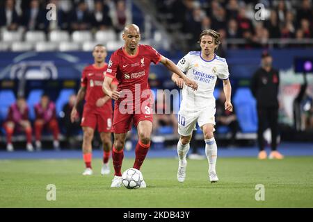 Fabinho of Liverpool,Luka Modric of Real Madrid during the UEFA Champions League final match between Liverpool FC and Real Madrid at Stade de France on May 28, 2022 in Paris, France. (Photo by Jose Breton/Pics Action/NurPhoto) Stock Photo