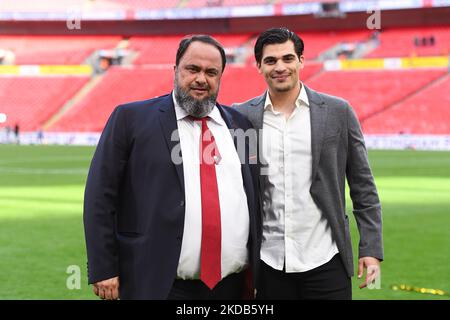 Nottingham Forest owner Evangelos Marinakis with his son, Miltiadis Marinakis during the Sky Bet Championship Play-Off Final between Huddersfield Town and Nottingham Forest at Wembley Stadium, London on Sunday 29th May 2022. (Photo by Jon Hobley/MI News/NurPhoto) Stock Photo